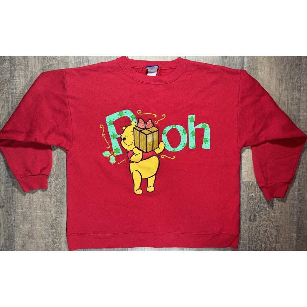 Vintage 90's Winnie the Pooh Christmas Present Red Crewneck Sweatshirt L USA VTG